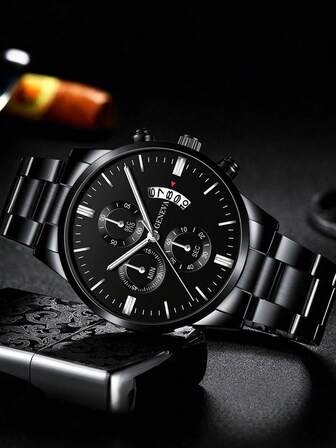 2 件男士手表套装男士石英圆形表盘男士商务休闲手表