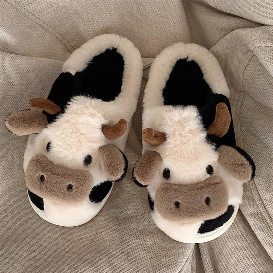 Soft Cow Slippers For Women - Cozy Cotton Animal-Themed Home Shoes Fluffy Winter Shoes For Women