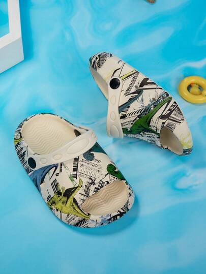 1 par pojkar söta tecknade dinosauriemönster moderiktiga bekväma casual lätta mångsidiga halkfria slitstarka strand-/inomhustofflor vår/sommar