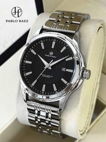 Pablo Raez 1pc Men's Exquisite Wristwatch, High-Quality AAA Grade Popular Brand, Brand New Luxury IPS Silver-Plated Dial, Stainless Steel Case, 50m Water Resistant, Minimalist Calendar, Men's Solid Steel Metal Casual Fashion Quartz Watch, Luminous Hands, Roman Numerals And Bar Markers, Black Premium Business Wristwatch, Suitable For Daily Wear, Birthday Gift For Father Or Male Friends. - one-size - View 14