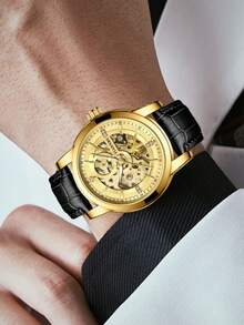 Men Luxury Automatic Mechanical Watch Waterproof Sports PU Leather Strap Waterproof Men Watch Business Watch Casual Male Clock, 1pc Man Gifts - one-size - View 6