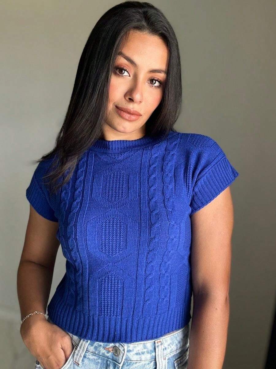 Modal Knit Blouse Chinese Sleeve With Braid Details Women's Fashion Cropped Premium - 寶藍色 - 查看 1