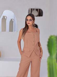 Conjunto feminino colete e calça pantalona viscose sensorial estruturada clássico elegante casual