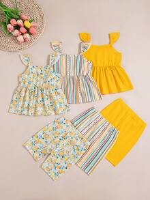 3pcs/Set Baby Girls' Floral Striped Print Sleeveless Top + Floral Striped Print Shorts Set - Yellow - View 2