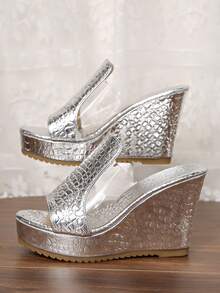 大码女式银色坡跟厚底凉鞋，休闲金色亮片复古沙滩一脚蹬凉鞋，时尚优雅的欧美风格穆勒鞋 - 銀色 - 查看 6