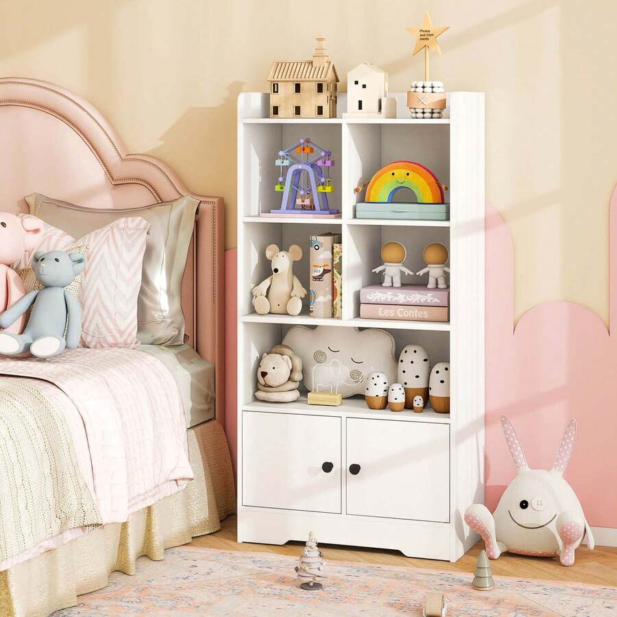 Lifezeal 4-Tier Bookshelf With 2-Door Storage Cabinet And 4 Cubes Display Shelf For Home Office - White - View 1