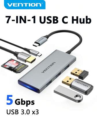 VENTION 7 合 1 USB C 集线器，USB-C 多端口适配器 USB 分配器 USB-C 转 HDMI 扩展坞 4K HDMI 7 端口 100W PD 快速充电 USB 3.0 5Gbps SD/TF 2-LUN 兼容 MacBook/iPad Pro/Surface Pro/笔记本电脑/Galaxy 手机/电脑