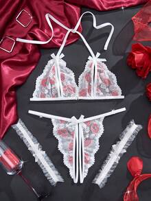 全新黑色柔软红唇蕾丝性感内衣露胸蝴蝶结胸罩裆丁字裤吊袜带女士情趣内衣套装