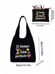 印花帆布手提袋，配黑色收纳袋，印有“El-Tiempo Dios Es Perfecto”字样、彩色太阳和爱心图案，便携休闲收纳手提包，简约旅行收纳袋，大容量旅行化妆包，旅行包 - 黑色 - 查看 10