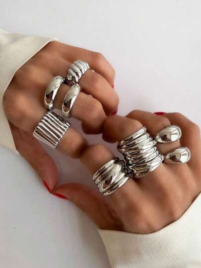 17KM 8pcs/6pcs/5pcs Simple Metal Chunky Jewelry Ring Set, Vintage Coin Style Rings For Women, Suitable For Beach, Dating, Daily Casual, Party Accessories