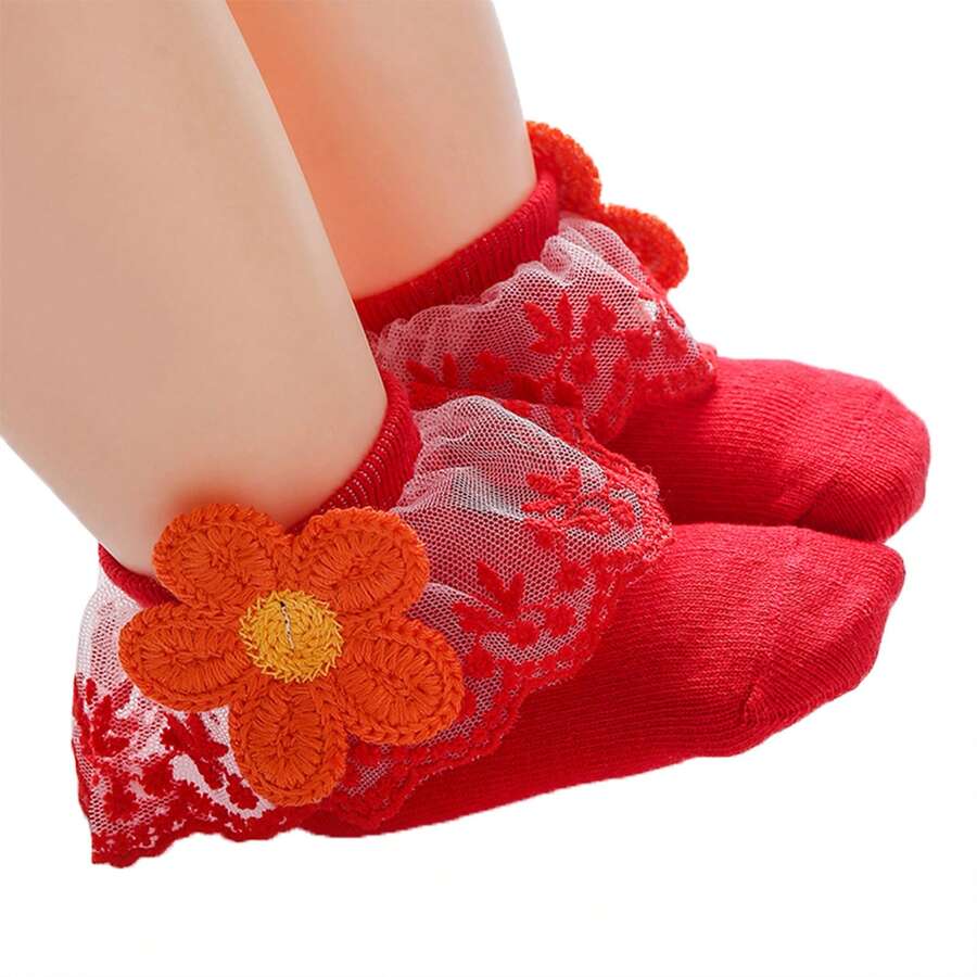 Infant Baby Girls Ruffle Socks, Sweet Eyelet Frilly Lace Princess Ankle Socks With Sunflower Applique - Red - View 1