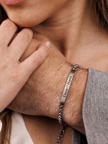 Customized Engraved Stainless Steel Men's Curved Name Bracelet, 19+5cm Personalized Name Bracelet, Gift For Boyfriend, Couple Customized Name Bracelet, Laser Engraved Name Bracelet Unisex, Curved Faux Pearl Chain Bracelet, Father's Day Personalized Name Gift, Dad Bracelet,Jewelry & Watches,Season Picks,Elegant Outfit - Silver - View 5