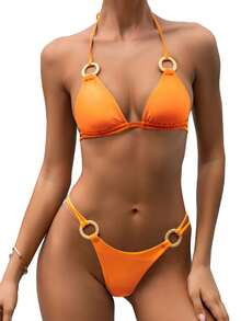 Women's 2 Piece Bikini Set, Halter Neck Ring Linked Tie Up Bikini Tops + Low Waist Bikini Shorts Bathing Suit Swimwear Outfits - Yellow - View 1