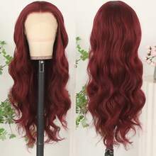 13X4 Free Part Ombre Pink Body Wave Synthetic Lace Front Wigs For Women 28 Inch Long Wavy Hair Wigs Glueless Soft Pink Ombre Colored Wigs Heat Resistant Christmas Wig Natural Long Wave Lace Front Wigs For Daily Party Cosplay Use - 酒紅色 - 查看 9