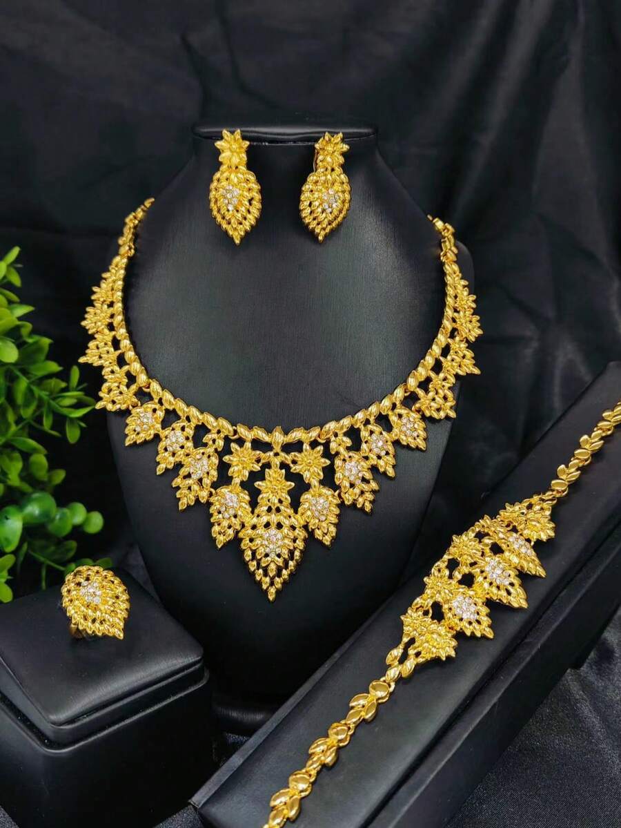 Bộ 4 món/Bộ trang sức thời trang nữ hoa lá mạ vàng, hoa tai, vòng tay, nhẫn, Dubai, Hoa Kỳ, Anh, Pháp, Châu Phi Phụ kiện trang phục dự tiệc cưới cô dâu, Ngày lễ tình nhân, Quà tặng Ngày của mẹ - Vàng - Xem 1