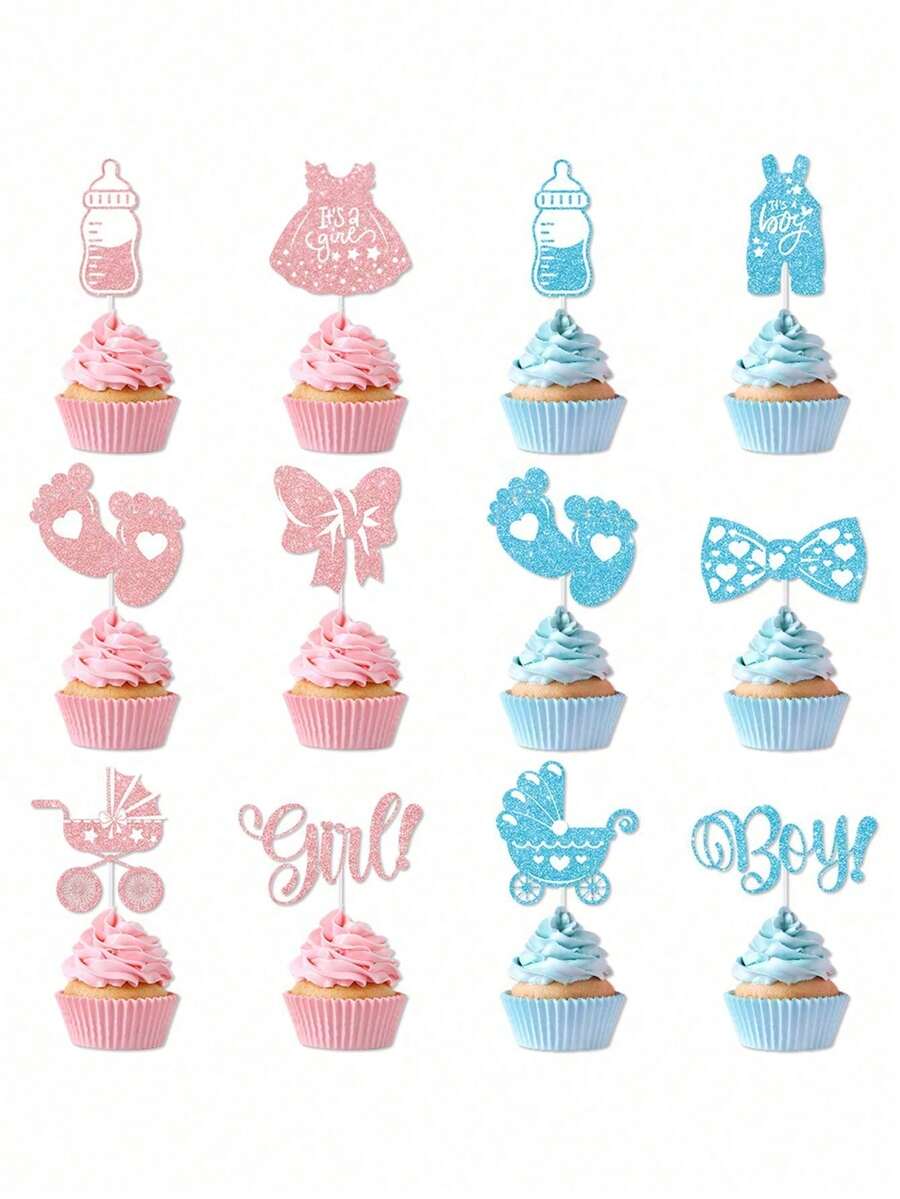 12 chiếc que cắm bánh cupcake hình bé trai hoặc bé gái lấp lánh, que cắm bánh cupcake tiết lộ giới tính, trang trí bánh sinh nhật chủ đề tiết lộ giới tính cho tiệc mừng em bé sắp chào đời. - Nhiều màu - Xem 1