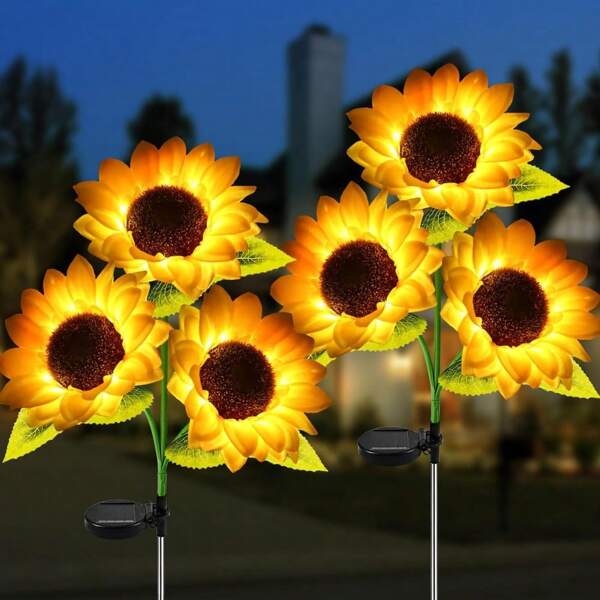 2pcs Solar Powered Sunflower Garden Lights, Upgraded Version With 6 LED Sunflower Lamps, Waterproof Auto On/Off Solar Outdoor Decorative Lights For Garden, Yard, Party, Mother's Day & Valentine's Day Gifts, Warm White