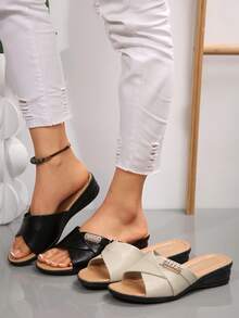 Women's Wedge Sandals, Casual Vacation Thick Sole Shoes, Shiny Rhinestone Decor, Comfortable Sandals - Beige - View 9