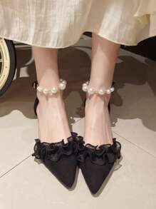 Woman's Fashionable Delicate Fairy Aesthetic Chunky Heel Pumps, New Spring/Summer Pearl Decor High Heel Shoes, French Mid-Hollow Pointed Toe Heels