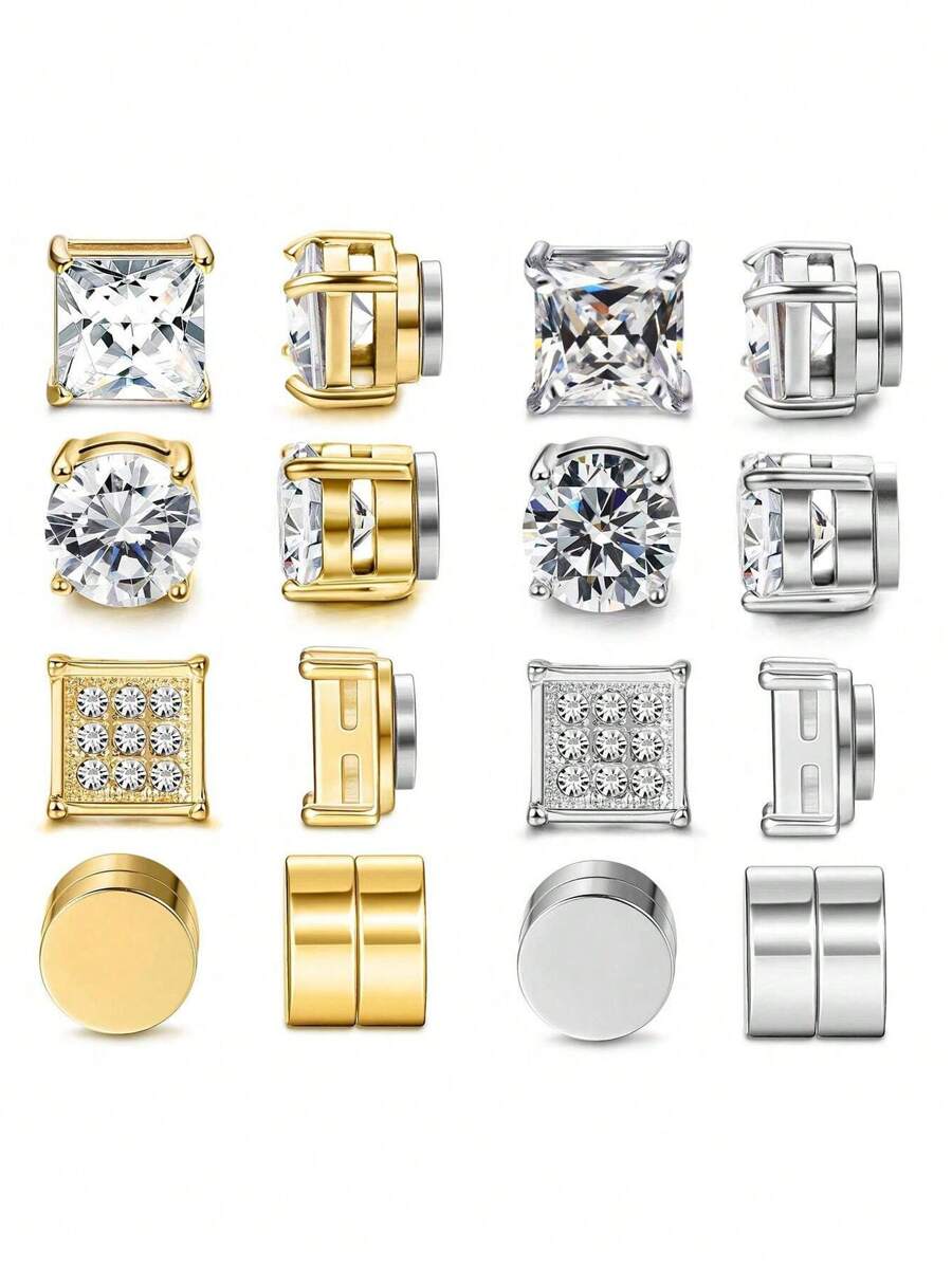 4 Pairs Stainless Steel Magnetic Stud Earrings, Fashion Cubic Zirconia Magnetic Non-Piercing Ear Clip For Men, Non-Piercing Puncture,Gold EarringsA Variety Of Styles, Free To Match Nostril Jewelry, Gifts For Friends Valentine's , Mom,Mother, Mother's Day, Gifts