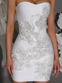 Bandage Dress With 3D Floral Sequin Accent, Sexy Bodycon Party Gown For European & American Style, White, Wedding Guest Dress, For Cocktail