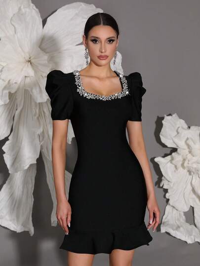 泡泡袖绷带缀饰链条连衣裙，性感紧身迷你晚会礼服，高领，优雅鸡尾酒会礼服'