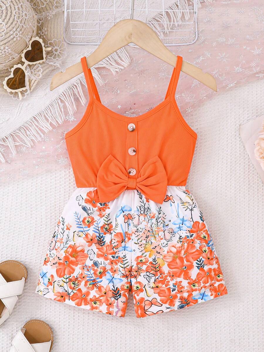 Bộ đồ liền thân in họa tiết hoa kỹ thuật số màu hồng cánh sen thời trang thường ngày cho bé gái, thích hợp cho các buổi đi chơi, ngoài trời, ngày lễ, ở nhà, mùa hè - trái cam - Xem 1