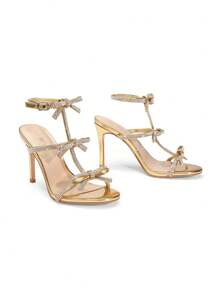 Women Wide Fit Crystal Bowknots High Stilettos Fashion Sexy Open Toe Ankle Strap Heeled Sandals For Party Wedding Prom - Gold - View 8