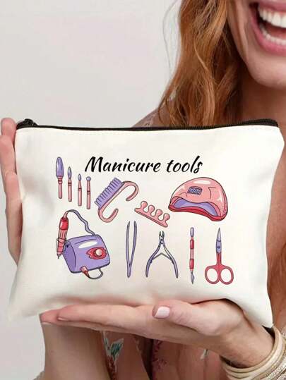 可洗涤纶指甲油袋 - 带拉链的指甲油收纳袋 - 美甲师帆布化妆包，印有位置 - 非白色配件袋