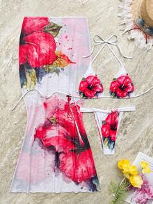 Three Pieces Fashion Custom-Made Three-Dimensional Floral Print Bikini Set With Sun-Proof Skirt - Red - View 1