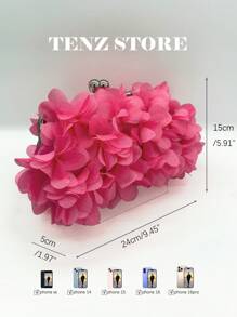 Elegant Hot Pink Floral Petal Satin Evening Clutch Bag – Double Chain Design, Handheld & Crossbody, Perfect For Prom, Spring Weddings, Parties, Cocktail Events, Vacation Looks, Graduation, Gender Reveal Party And Formal Occasions