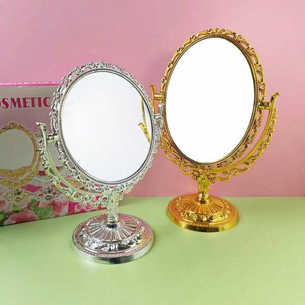 Round Oval Double-Sided Rotating Vanity Mirror - Vintage Faux Gold & Silver Tabletop Makeup Mirror With Lace Design For Elegant Grooming