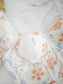 EZNV 1pc Embroidered Graphic Casual Fashion Versatile Puff Sleeve Sheer Elegant Form-Fitting Blouse Top - White - View 9