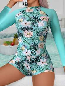 Tropical Print Fashionable Split Long Sleeve Swimsuit Set - Green - View 1