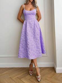 Floreya 夏季婚礼优雅纯色高品质优雅轻盈连衣裙，高腰修身细肩带中长连衣裙，紫色 - 紫色 - 查看 5