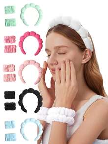 3pcs/Set Cloud Shaped Sponge Hair Scrunchies - Includes Headband, Wrist Band, Skin-Friendly Material Suitable For Makeup, Skincare, Outdoor Use - Multicolor - View 1