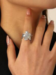 1 件女士纹理花朵设计可调节开口戒指，时尚，适合派对和日常佩戴 - 銀色 - 查看 5