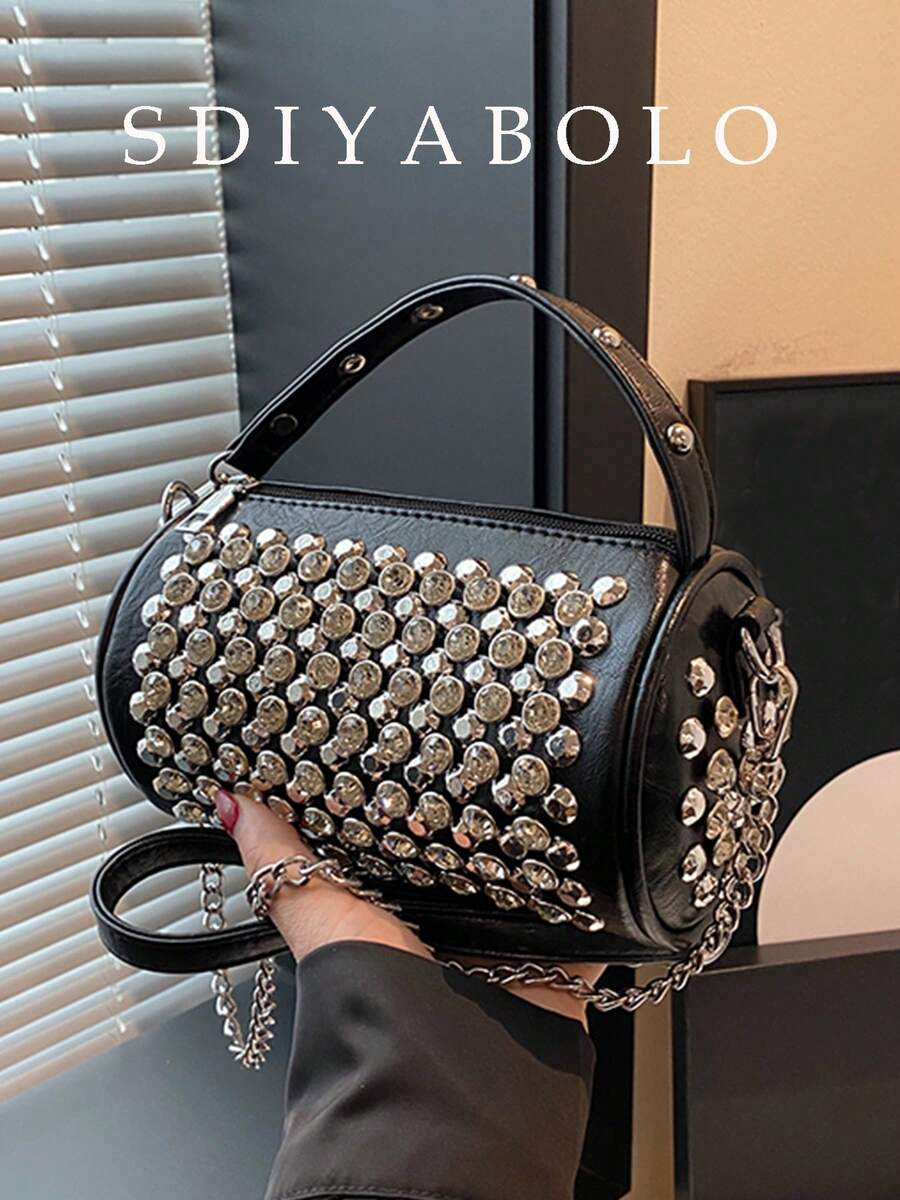 DAZY Túi hình trụ cá nhân hóa cổ điển, tinh tế và phong cách, túi xách dự tiệc đính kim cương đa năng, dây xích thời trang, túi đeo chéo đính đinh tán màu trơn, thích hợp cho các bữa tiệc, bữa tối, chụp ảnh đường phố và lễ hội âm nhạc