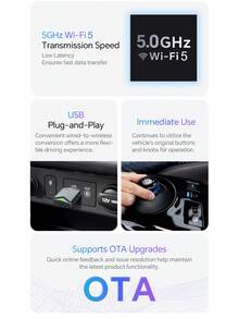 XUDA 2025新款迷你CarPlay AI盒子，有线转无线CarPlay和Android Auto二合一适配器，兼容99%原厂有线CarPlay/Android Auto车辆，2.4~5.0 GHz WiFi5，时尚便携 - 黑色 - 查看 6