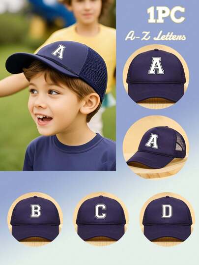 1 PC Kids 26 Letters Mesh Breathable Baseball Cap, Fashion Casual Sunscreen Hat For Boys And Girls Outdoor Playing Wear, Holiday Gift