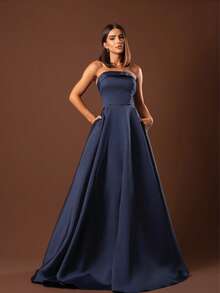 Strapless Party Dress With Cross-Back Closure - Navy Blue - View 1