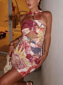 女士镂空金属扣印花紧身迷你连衣裙，性感露肩裙，适合早春穿着