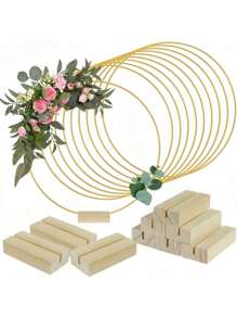 10 piezas/2 piezas - Guirnalda metálica dorada con base de madera - Decoración circular DIY elegante para bodas, fiestas y cumpleaños - Diseño artesanal con rosas artificiales y hojas verdes, sin necesidad de electricidad, decoraciones de cumpleaños | Centros de mesa decorativos | Diseños hechos a mano, decoraciones de boda