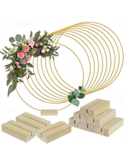 10pcs/2pcs-Gold Metallic Garland Centerpiece With Wooden Stand - Elegant DIY Circle Decoration For Wedding, Party And Birthday - Handmade Artificial Roses And Green Leaves Design, No Power Required, Birthday Decorations|Decorative Centerpieces|Handmade Designs, Wedding Decorations