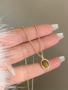 1pc Fashionable & Elegant Cat Eye Stone Pendant Necklace, Minimalist Design Suitable For Women's Everyday Wear