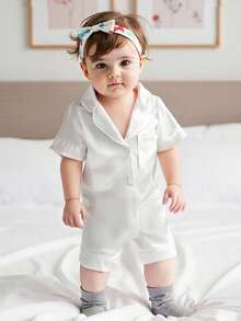 Infant Baby Girl Boy Silk Jumpsuit Pajamas Short Sleeve Button-Up Satin Pjs Footie Romper Pajama Nightgown - 白色 - 查看 2