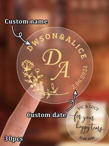 30-240 Etiquetas personalizadas con nombre/fecha para recuerdos de boda, pegatinas transparentes personalizadas para boda - Estilo A - Ver 7