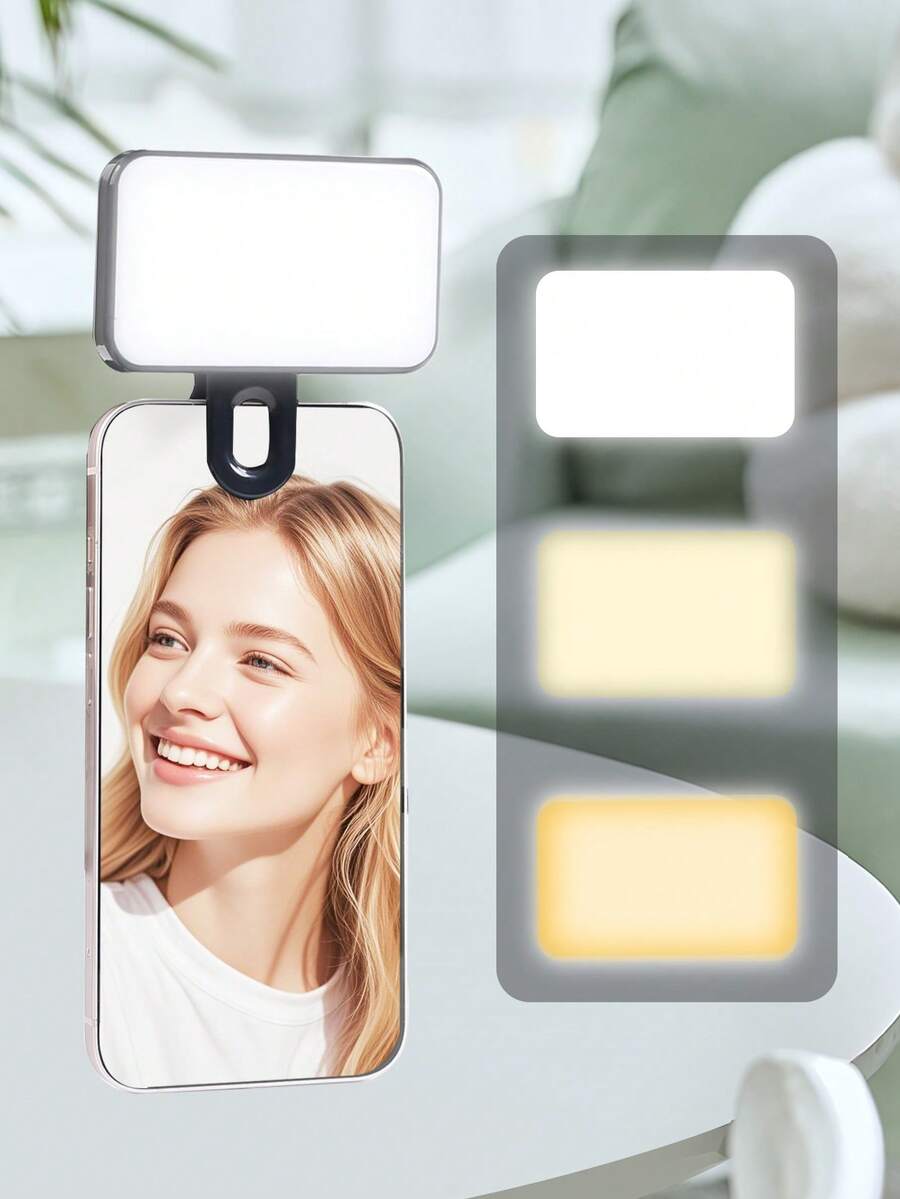 多功能方形 LED 灯、移动迷你夹、可调节三色补光灯、带夹子、USB 充电线、袖珍便携式补光灯、紧凑设计 - 迷你补光灯手持补光灯 - 适用于手机、自拍 Vlog、相机、笔记本电脑灯，适用于摄影、视频会议和直播，兼容 Android 手机手机便携式 LED 视频灯可调光适用于智能手机、相机和化妆、自拍和直播