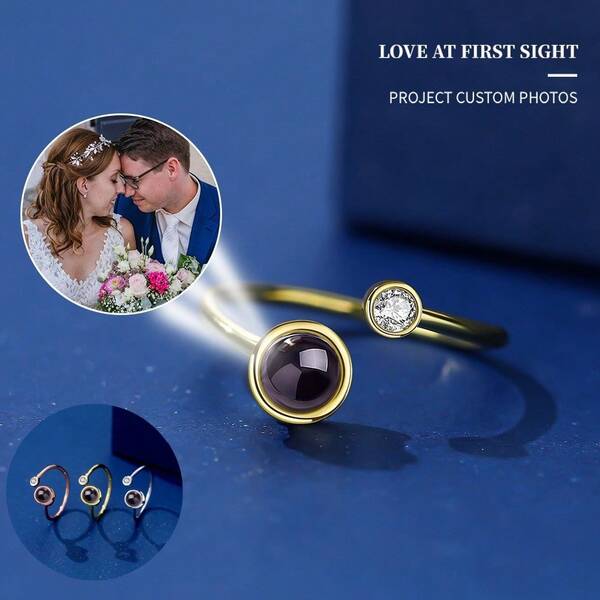 1pc personalizado foto projeção anel zircônia pedra anel ajustável presente para ela