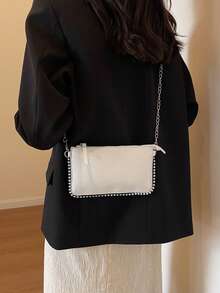 纯色女士钱包，新款时尚优雅淑女魅力单肩包，串珠流行斜挎包 - 米色 - 查看 3